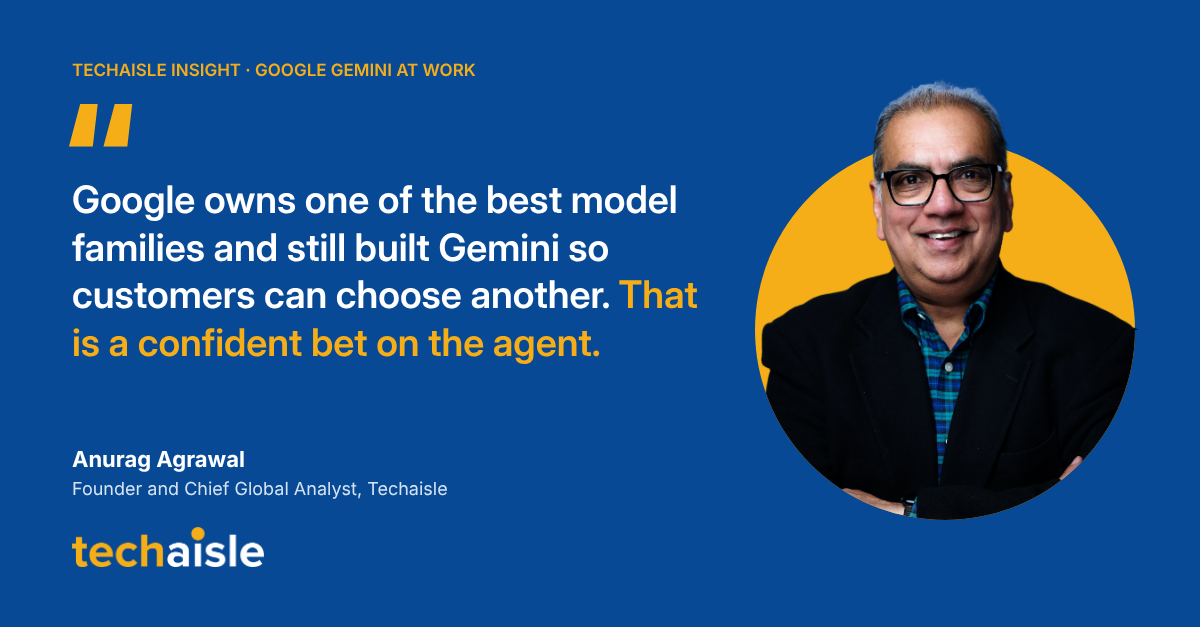 Techaisle Insight on Google Gemini at Work. Quote from Anurag Agrawal, Founder and Chief Global Analyst, Techaisle: Google owns one of the best model families and still built Gemini so customers can choose another. That is a confident bet on the agent. Photo of Anurag Agrawal beside the quote.